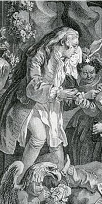 Charlotte Charke, in a detail from William Hogarth's "Strolling Actresses Dressing in a Barn" (1738)